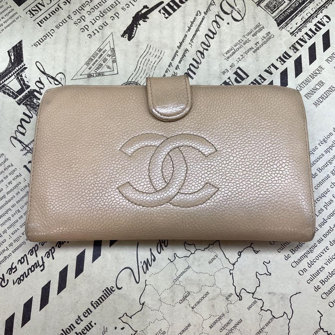 CHANEL Long Wallet Kiss Lock Caviar Skin Beige Coco Mark FS693 UL811226