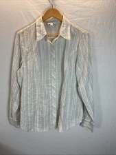 Cabi Gray Striped Button Down Top Size L Office Career Classic Long Sleeve
