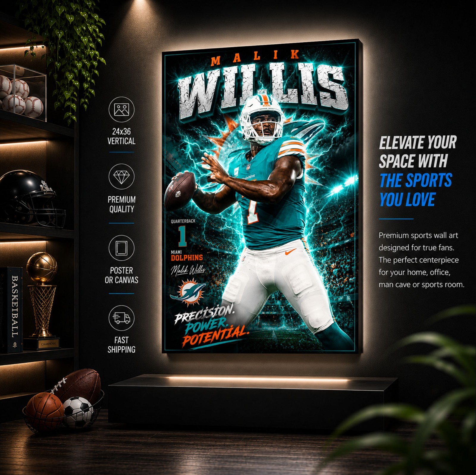 Malik Willis Dolphins Fan Poster or Canvas - QB Malik Miami Dolphins Wall Art