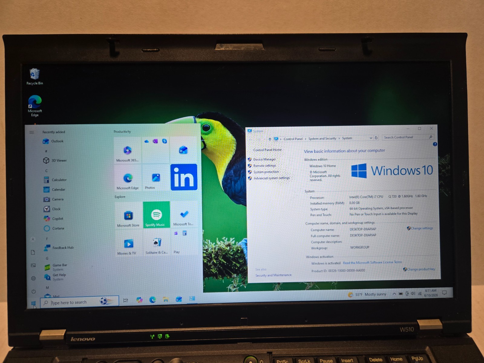 Lenovo ThinkPad W510, 15.6-Inch Laptop, with Intel Core i7 1st Gen., 640 GB HDD (Hard Disk Drive), Windows 10 Home