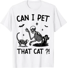 Retro Can I Pet That Cat Skeleton Funny Halloween Spooky Cat T-Shirt