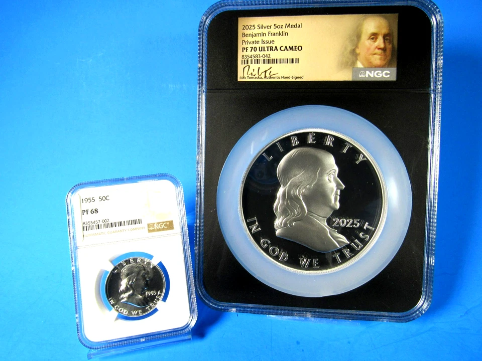 2025 5-Ounce, Silver Bejamin Franklin Medal NGC Pf 70 UCam Tomaska Signature - Image 2 of 4
