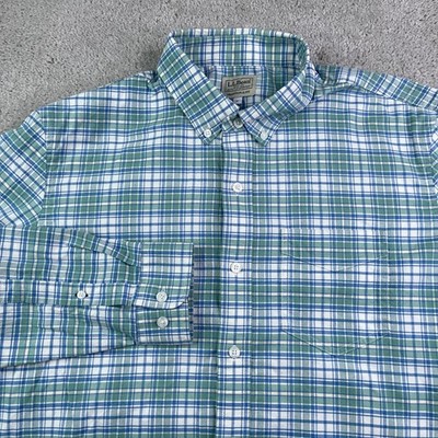 LL Bean Shirt Mens Medium Green Blue Plaid Traditional Fit Button Down Oxford