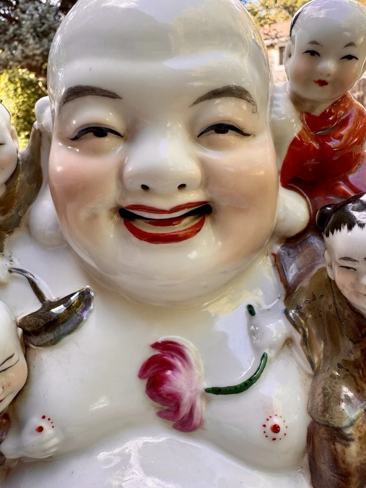 Antique Chinese Porcelain Laughing Buddha Five Children Porcelain Statue Large - Image 4 of 4