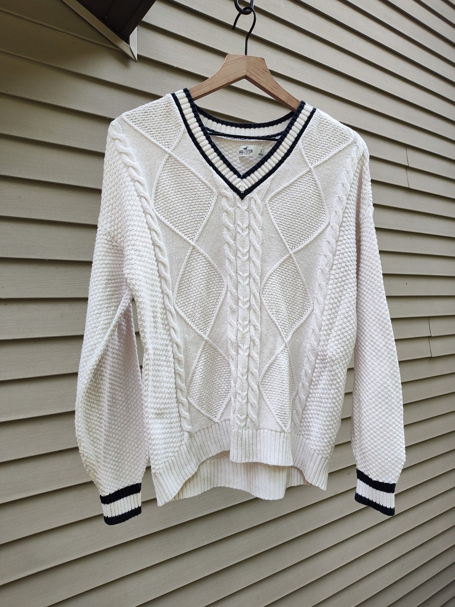 トップス vintage Hollister Vneck knit top S Hollister S Cream White V-Neck Cable Knit Tennis Sweater Cotton