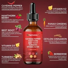 Cayenne Pepper Liquid Drops - Vitamins D3 & K2 Turmeric Ginseng Hawthorn Berry