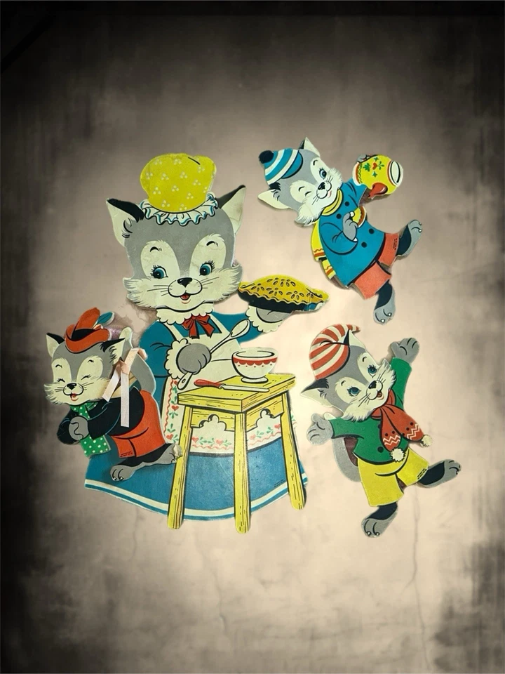 De colección 1952 (4) Piezas Madre Ganso Pin Ups Gato 3 Gatitos Dolly Toy Co Excelente Estado Foto 2 de 4