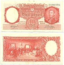 ARGENTINA NOTE 10 PESOS (1961) FABREGAS-DELFINO SUFFIX G B# 1971b P 270c AXF