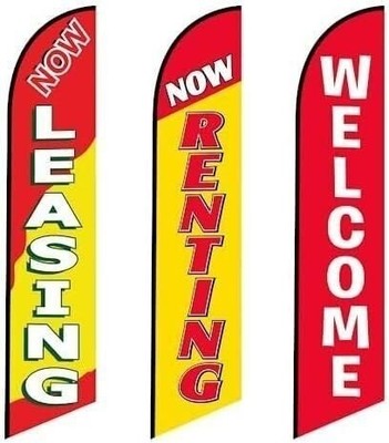 3 (three) Tall Windless Feather Flags of Now Leasing Now Renting and Welcome...