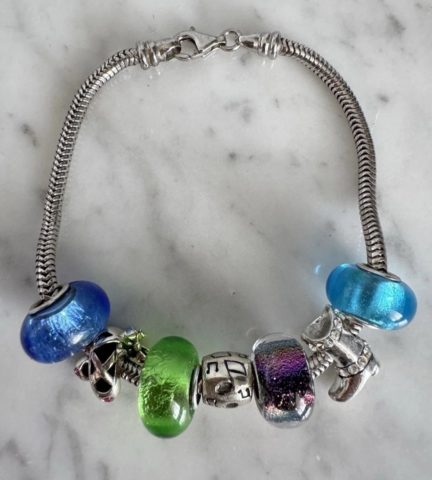 Pulsera de cuentas con dije deslizante de plata esterlina 925 IBB y PGDA - 7 dijes 8" - 27,47 g Foto 3 de 4