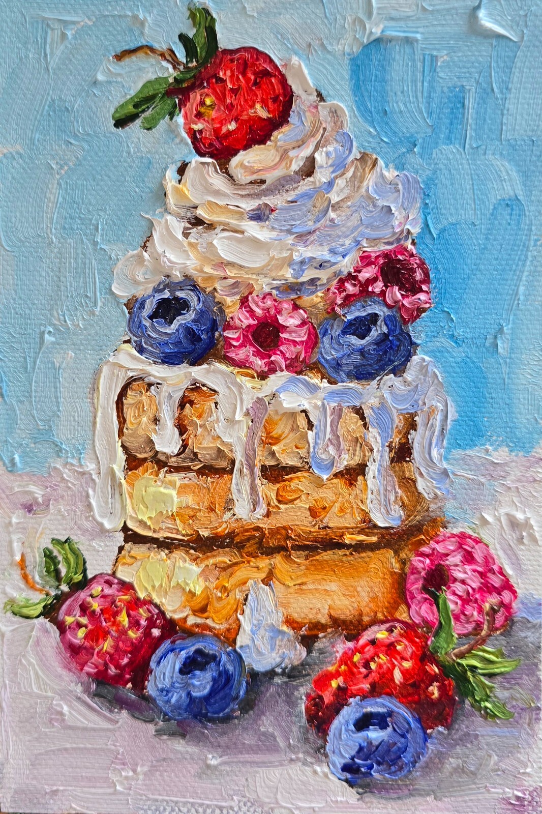 Panqueques con bayas pintura al óleo original sobre tela de lienzo 4x6 pulgadas (10x15 cm)