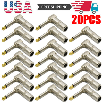 20PC 1/4'' Right Angle Mono Plug Audio Cable Connector 6.35mm Jack Gold Plated