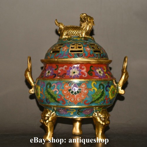 China Palace Bronze Cloisonne Gilt Flower Lion Pixiu Beast Incense Burner Censer - Picture 6 of 9