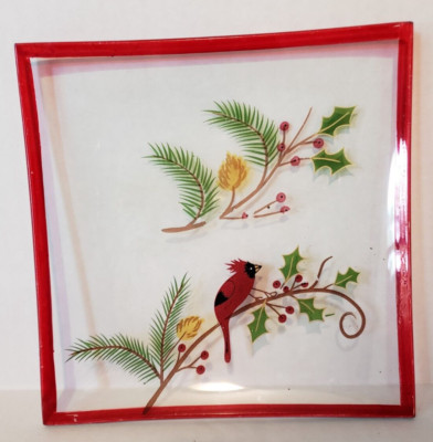 Christmas Holiday Winter Candle Dish Square Clear Painted Glass Cardinal Holly