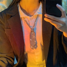 Women Short Double-layer Necktie Tie Rhinestone Crystal Necklace Preppy Club