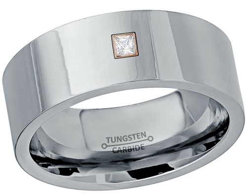 0.05ctw Princess Cut Diamond Ring, 9mm Pipe Cut Tungsten Wedding Band #066 - Picture 9 of 11