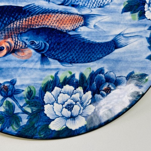 Japanese Koi Fish Goldfish Ceramic Plate Blue Orange Large Made in Japan 12.5 In - Picture 7 of 12