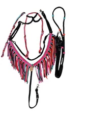 Horse Tack Set, Fringe Breast Collar Headstall Crop Reins And Wither Strap