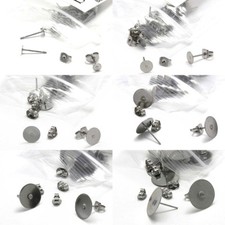 100 Silver 304 Grade Stainless Steel Flat Pad Post Earring Findings with Backs