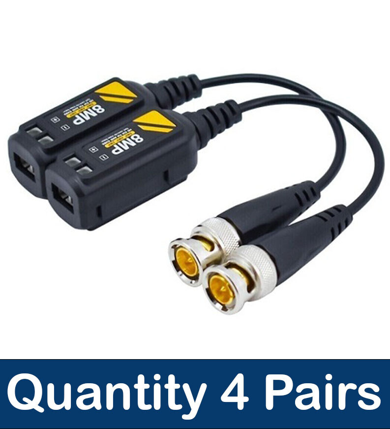4 Pairs of CCTV Video Baluns Convert CAT5e Ethernet Cable 8MP 5MP 2MP Cameras