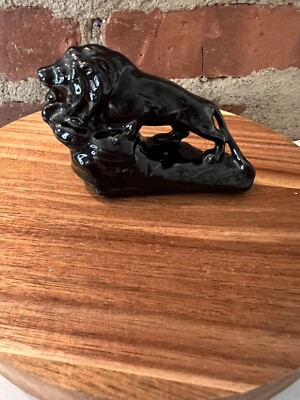 MCM Small Vintage Black Ceramic Lion Figurine Sculpture Eames Era
