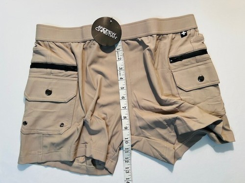 Andrew Christian Size XL Ribbed Stretch Cargo Training Shorts - Khaki - Pockets - Picture 5 of 11