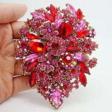 3.94" Fashion Dual Droplets Flower Brooch Pin Pendant Red Rhinestone Crystal