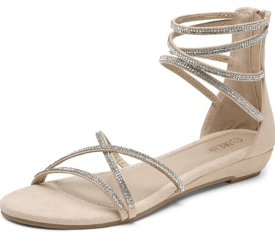Dream Paris Women's Ankle Strap Low Wedge Rihinestone Low Wedge Sandals