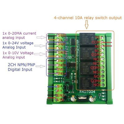 R4D7G04 DC 12V 24V 4DO 2DI 3AI Multifunction PLC IO Expand 4-20MA 0-10V Analog C