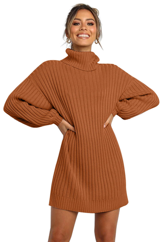 Women Brown Turtleneck Balloon Sleeve 