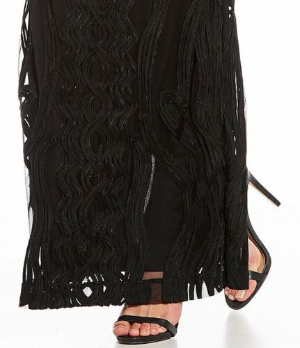 JS COLLECTIONS Black Soutache Illusion Sheer Yoke 3/4 Sleeve Column Maxi Gown 14 - Picture 5 of 10