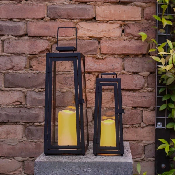 Lights4fun, Inc. Set of Two Black Metal Battery Operated LED Flameless Candle Lanterns for Indoor Outdoor Use