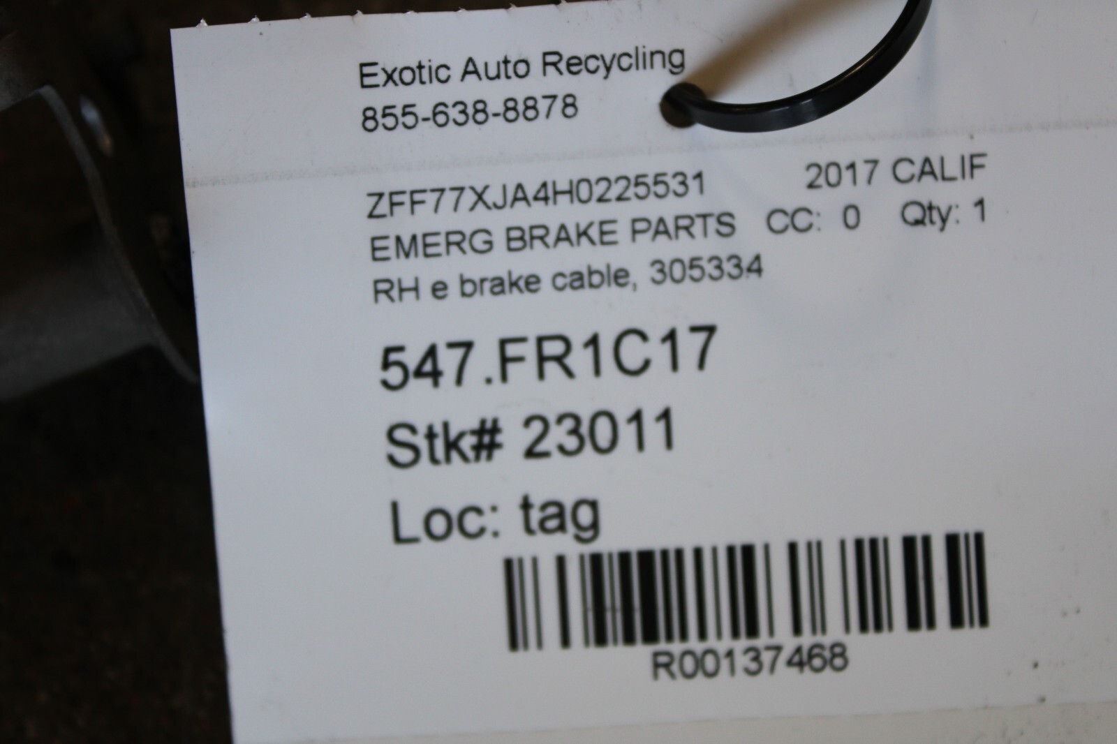 Ferrari California T, RH, Right, E-Brake Cable, Used, P/N 305334