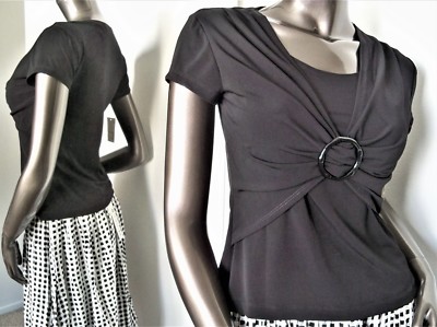 NWT-CONNECTED APPAREL BLACK BUCKLE RUCHED BUST CAP SLEEVE KNIT TOP SZ ...