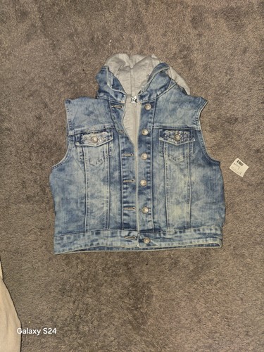 Justice Denim Vest Girls Size 16 Blue Grey Knit Hood Zipper Closure