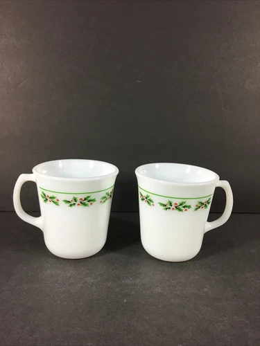 2-Vintage Corning Milk Glass Christmas Holly Mugs