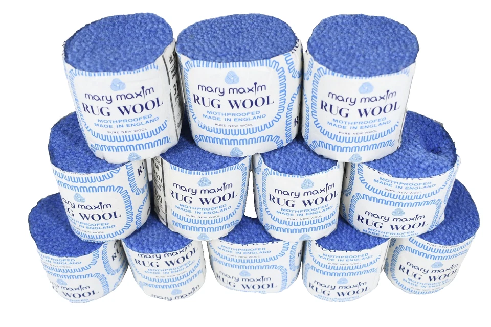 🧶MARY MAXIM LOT 0F 12 PRE-CUT RUG YARN 100% NEW WOOL BLUE ENGLAND VINTAGE