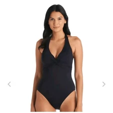 Bleu Rod Beattie "Let's Get Twisted" plunge 1 piece black swimsuit. Size 12 NWT