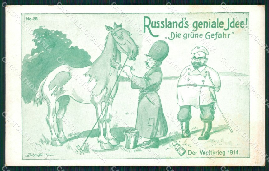 WWI WW1 Propaganda tedesca guerra patriottica umorismo cavallo anti russo cartolina XF3566