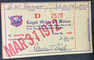 1972 Loyal Order of Moose Dues Membership Receipt Macon Georgia Lodge 1455