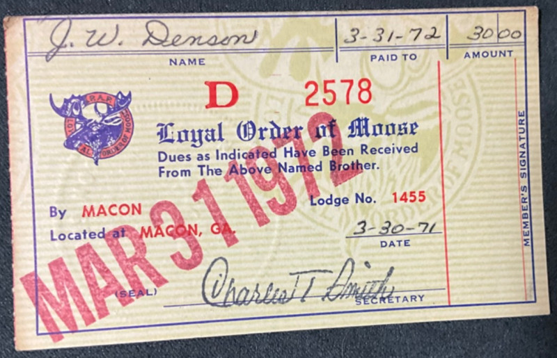 1972 Loyal Order of Moose Dues Membership Receipt Macon Georgia Lodge 1455