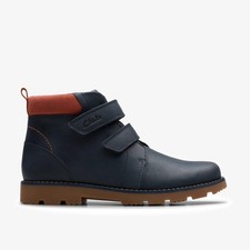 Clarks Boys Heath Strap Older Navy Ankle Boots,Riptape Leather Casual