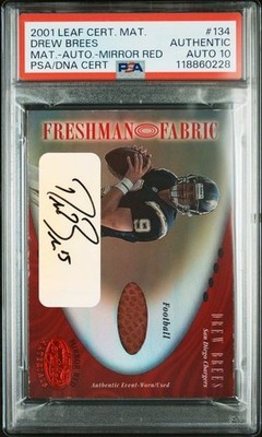 Drew Brees Auto #/150 Game Used Football 2001 Mirror Red Rookie Freshman Fabric