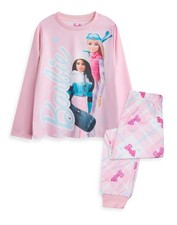 Barbie Front Print Top, Check Bottoms Long Sleeve Long Leg Pyjama Set Girls