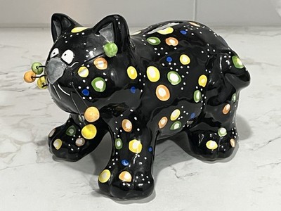 Whimsical Black Cat with Polka Dot Design Piggy Money Bank Bella Casa by Ganz