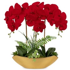 Briful 18in Red Artificial Orchid Silk Flowers w/ Gold Ceramic Pot Realistic