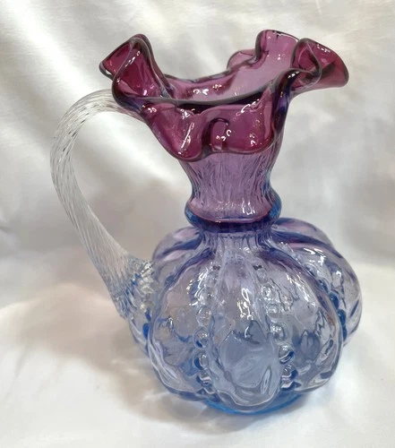 FENTON Mulberry Amethyst Beaded Melon Ruffle Glass Pitcher Vase 6" Vintage 80's