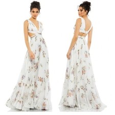 Mac Duggal 67940 Size 0 Floral Print Cutout Waist Tiered White Multicolor Dress