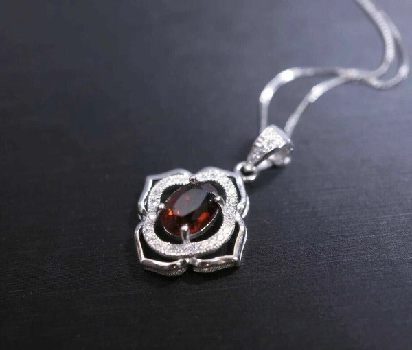 Alternate view of Oval Cut Simulated Red Garnet Women's Amulet Pendant 14k White Gold Plated