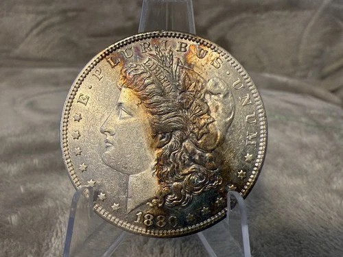 1880 O MORGAN DOLLAR GEM BU PROOF LIKE OBVERSE DMPL REV MONSTER RAINBOW TONER